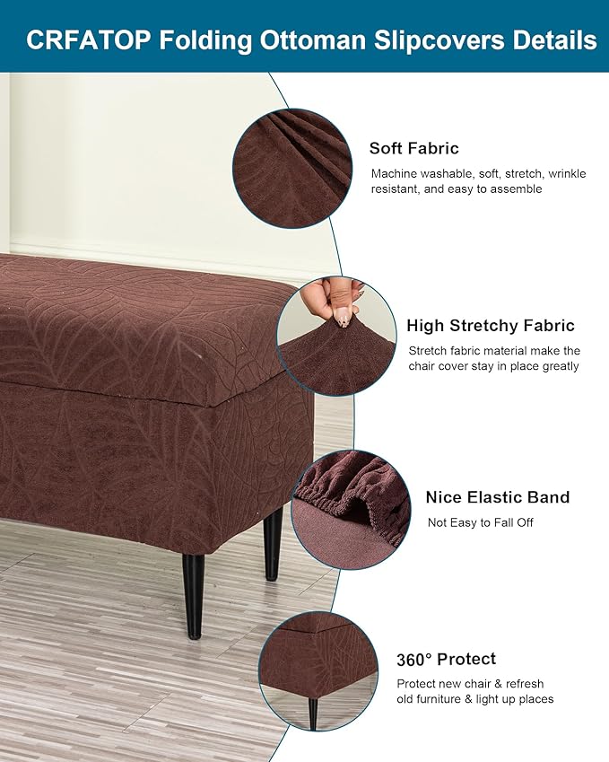 CRFATOP Waterproof Jacquard Ottoman Stool Cover Stretch Folding Storage Footstool Bench Slipcovers Upholstered Foot Chest Chair Covers Washable Entryway Furniture Protector with Elastic Bands,L,Coffee