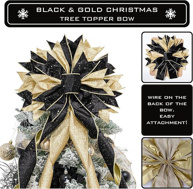 Christmas Tree Topper Bow, 53x13 Inches Large Christmas Bow with Glitter Streamer, Decorative Ribbon Bows for Xmas Tree Wreath Door Festival Home Decor(Black & Gold)