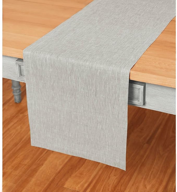 Solino Home Linen Oyster Grey Table Runner 108 Inches Long - Athena, 100% Pure Linen Dining Table Runner 14 x 108 Inch for Spring, Easter
