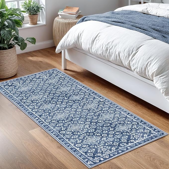 Vintage Washable 2x5 Rug Runner, Denim Blue White Runners for hallways, Super Soft Kitchen Runner Rug Non Slip, Printed Faux Wool Floral Thin Carpet Runner for Entryway Laundry Room Bedroom