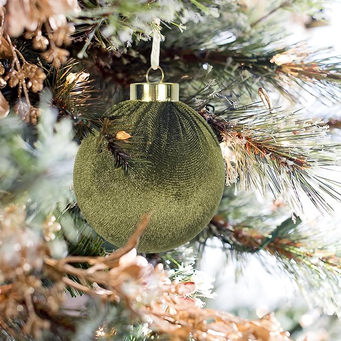 18PCS Green Velvet Christmas Ornaments Set – Large Flocked Shatterproof Baubles for Xmas Tree Decoration, Hanging Ornaments for Holiday & Home Décor (Green, 3 Inch / 8 cm)