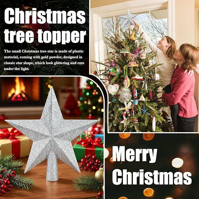 Christmas Tree Topper 10 Inch,Glitter Christmas Ornaments Star Xmas Decoration on Tree for Holiday Ornament or Home Decor(Silver)