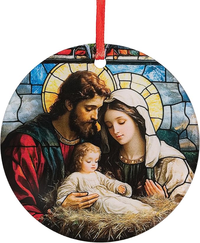 Holy Family Nativity Stained-Glass Style Acrylic Ornament - Traditional Catholic & Christian Christmas Decor, Religious Decorative Hanging Ornaments for Tree