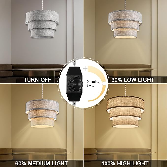 Plug in Pendant Light, Hanging Lamp with Dimmable Switch, Hanging Light Fixtures with 15 Ft Cord, Swag Light with Grey Fabric Shade for Bedroom, Kitchen, Living Room, Dining Table
