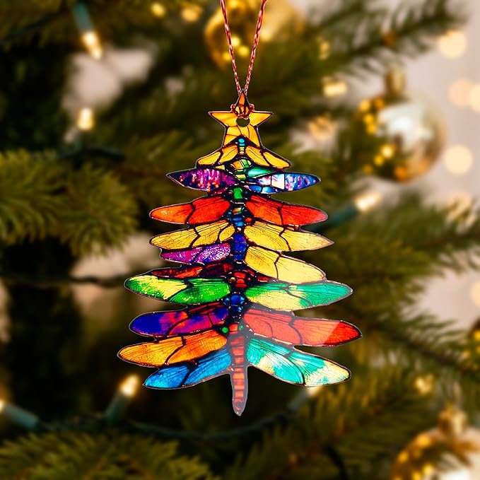 Dragonflies Suncatcher Decor, Dragonfly Tree Ornament, Hanging Christmas Ornaments Decoration for Window, Car, Dragonfly Gifts for Women Friends, Cute Ornaments for Christmas Tree, Keepsake Ornament
