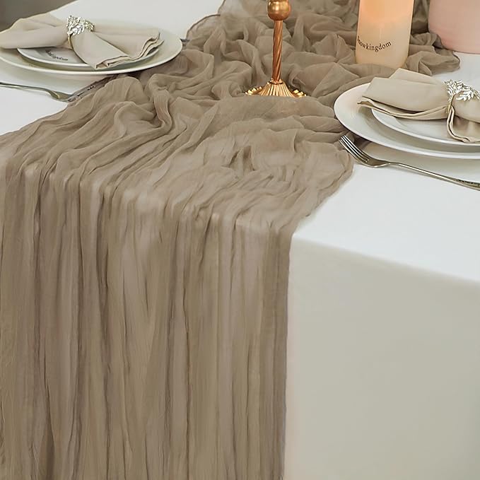 Snowkingdom 10 FT Light Brown Tan Christmas Cheesecloth Table Runner, 120 inch Long Boho Rustic Gauze Sheer Runner for Wedding Baby Shower Birthday Xmas Holiday Party Decorations