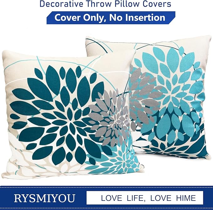 Decorative Throw Pillow Covers Set of 2 Teal Blue Pillow Covers 16x16 inch Linen Square Pillow Cases,Farmhouse Modern Geometric Floral Outdoor Pillow Cover for Couch Sofa Living Room Bedroom