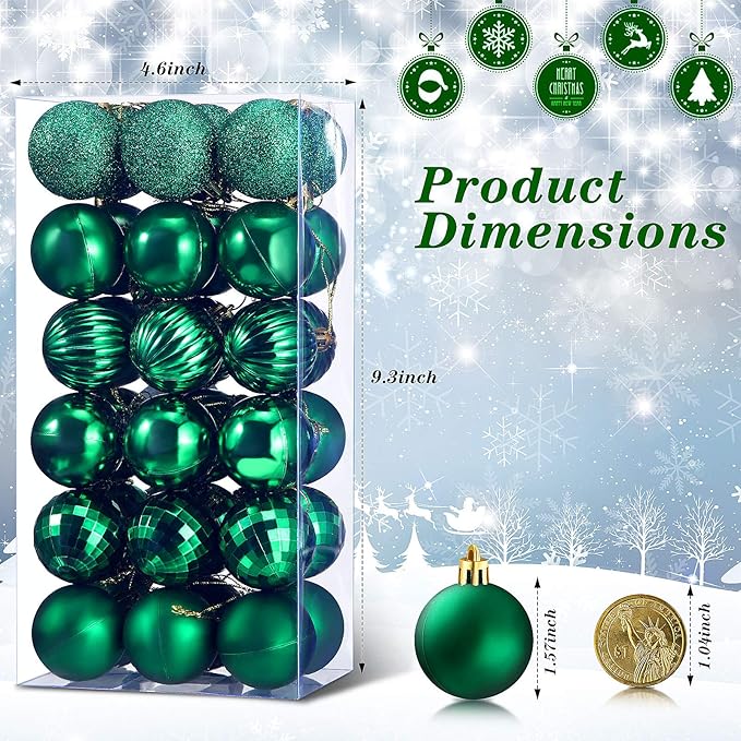 36 Pieces Christmas Ball Ornaments Shatterproof Christmas Decorations Tree Balls for Tree Ornaments Holiday Wedding Party Decoration Hooks 1.57 Inch (Green)
