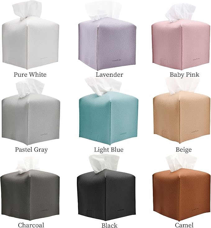 Tissue Box Cover Holder, Square with Bottom Belt by Carrot's Den - PU Leather Decorative Organizer for Tabletop, Bathroom, Car, Office | Lavender