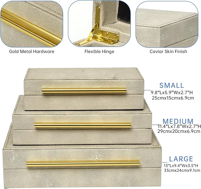 Faux Shagreen Decorative Storage Boxes – Set of 3 Stackable Jewelry Organizers with Gold Metal Handles & Velvet Lining, Modern Ivory White Box for Vanity, Entryway & Coffee Table Décor