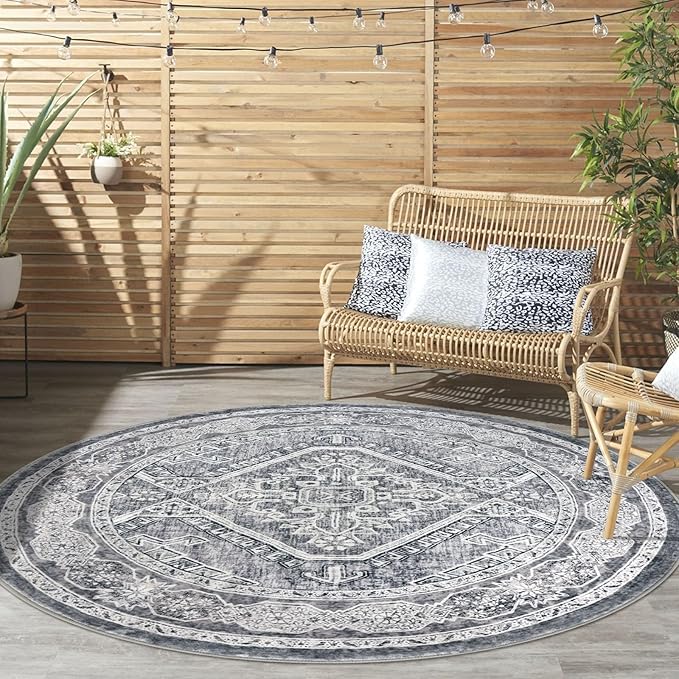 KUTA Oriental Round Rugs 5ft, Grey Washable Circle Rug 5ft, Non-Slip Printed Vintage Medallion Carpet for Living Room, Soft Cozy Dining Kitchen Throw for Entryway