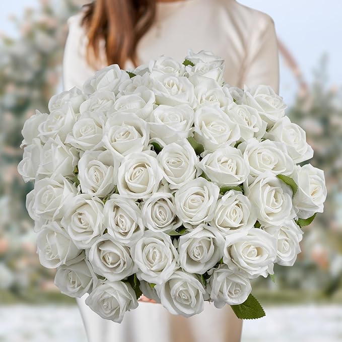 Artificial Flowers Roses Touch Fake Rose Bouquet Flower Stem for Wedding Centerpieces DIY Wreath Home Decorations Silk Roses Mothers Party Fake Outdoor Flowers Decor 19.6"(50PCS White)