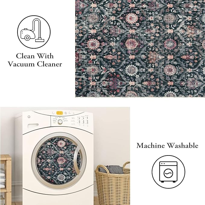 Lahome Moroccan Trellis Washable Round Area Rug, Round Rug 5ft Soft Non-Slip, Non-Shedding Distressed Circle Carpet for Bedroom Living Room Bathroom Nursery Kitchen, Black/Multi