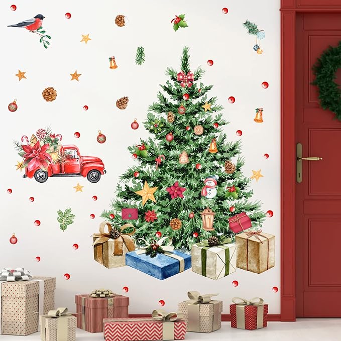 Large Christmas Tree Wall Decals Merry Christmas Wall Stickers Christmas Truck Wall Decals Peel and Stick,Watercolor Pine Tree Stickers for Window Decor Living Room Kids Room Gift Xmas Party Supplies