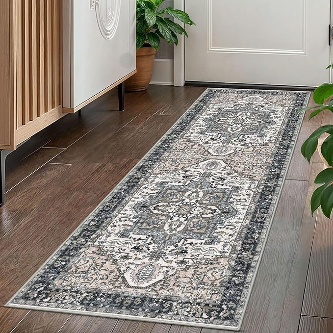 KOZYFLY Runners for Hallways 2x5 Ft Washable Kitchen Runner Rug Boho Runner Rug for Entryway Indoor Printed Oriental Faux Wool Floor Carpet Runner for Laundry Room Kitchen Hall, Black/Taupe/Beige