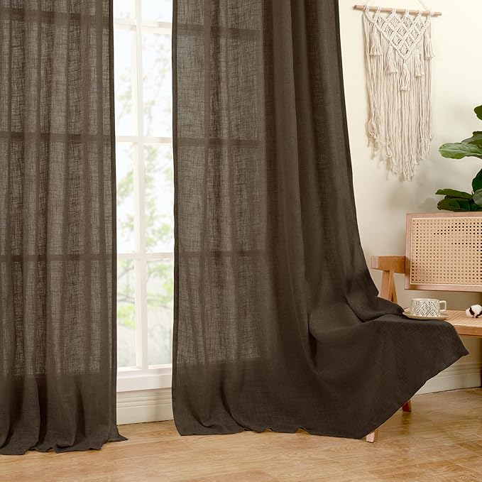 LAMIT Dark Brown Sheer Linen Curtains, 102 inch Light Filtering Semi Sheer Panels Back Tab and Rod Pocket Farmhouse Drapes for Bedroom/Living Room, 2 Panels, 52 x 102 Inch