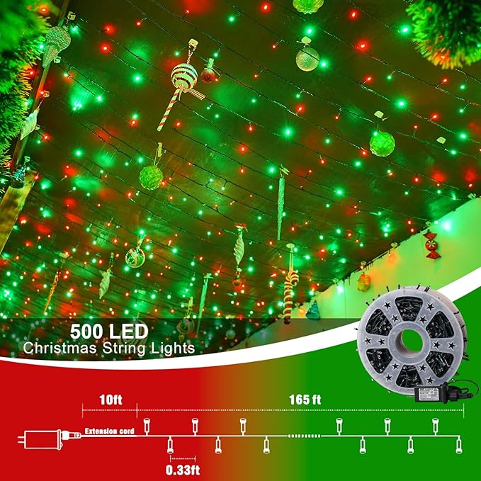 QITONG 165ft 500 LED Red and Green Christmas Lights, 8 Modes Christmas String Lights Outdoor Waterproof, Green Wire Christmas Tree Lights Plug in Indoor