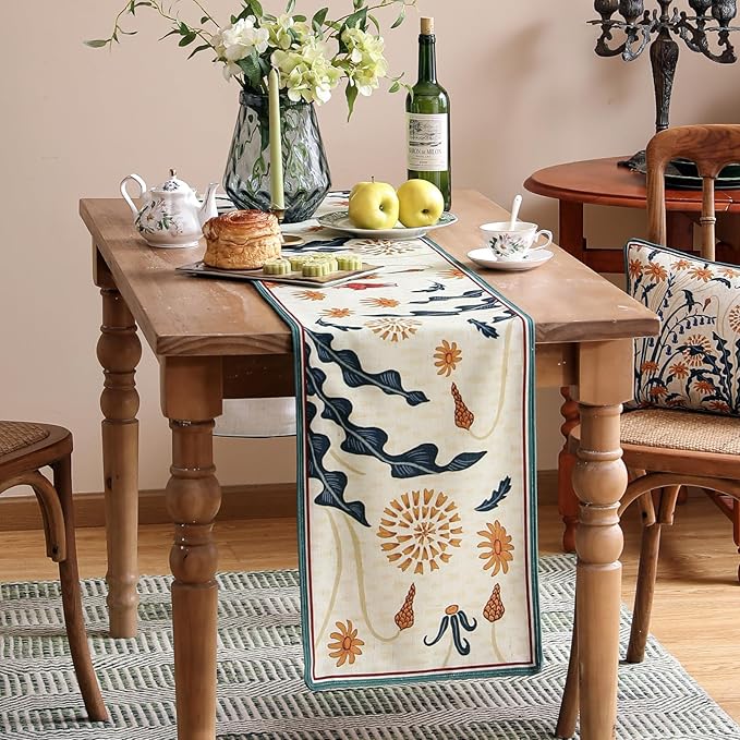 Beige Rectangular Christmas Table Runner 87 Inches Long,Farmhouse Linen Flower Table Runners with Orange and Red Floral,Fall Decorations for Home Thanksgiving Party.12*87"-Tijuana