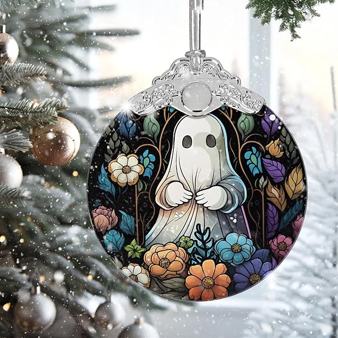 2025 Ornaments for Christmas Tree, Zmoicky Stained Glass Hanging Ornament, Christmas Ornaments Clearance, Gift Exchange Ornament, Bauble Present - Ghosts in Flowers