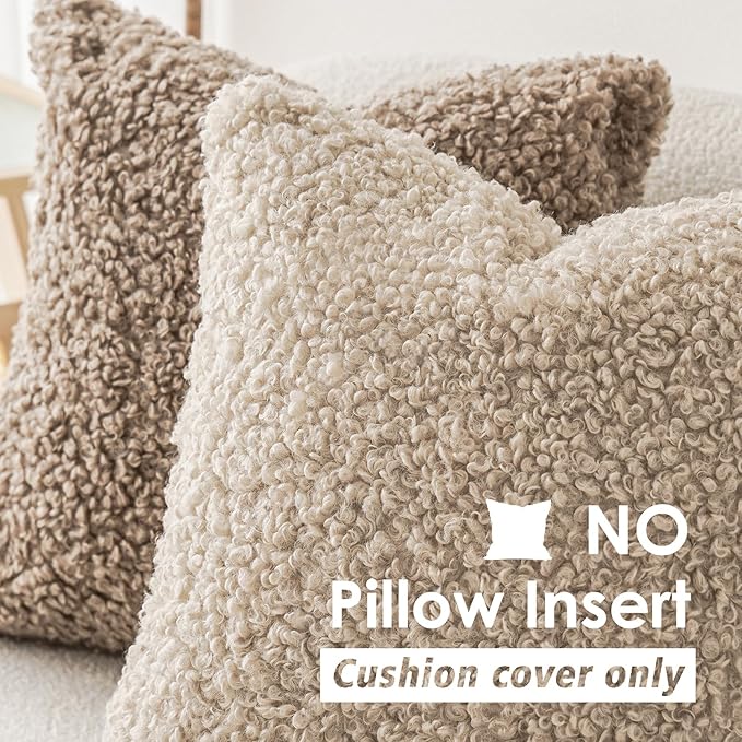Foindtower 2 Pieces 24x24 Inch Light Khaki, 100% Polyester Throw Pillow Cover Accent Sherpa Pillow Fuzzy Soft Pillowcases Sheepskin Decorative Fleece Cushion Case for Bed Couch Living Room