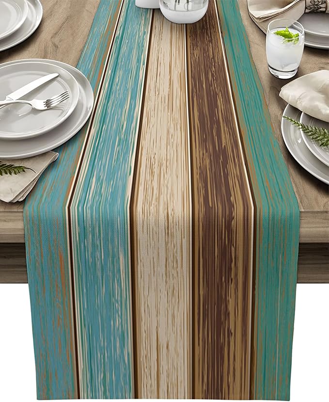 Cotton Linen Table Runner Dresser Scarves Extra Long 13X120 Inches Retro Rustic Barn Wood&Teal Green Brown Non-Slip Burlap Rectangle Table Setting Decor for Wedding Party Holiday Dinner Home
