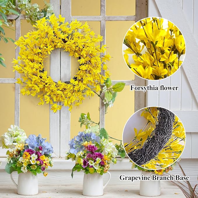 Huashen Spring Wreaths for Front Door, 24 Inch Yellow Forsythia Spring Door Wreath, Farmhouse Spring Door Wreaths on Grapevine for Celebration Wall Window Decoration Hanging