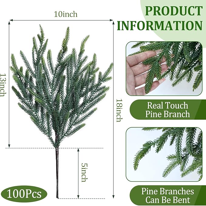 100 Pcs Pine Branches - Real Touch Artificial Pine Stems - Christmas Greenery Picks for DIY Wreaths Garlands Vase Arrangements, Indoor Outdoor Christmas Decor