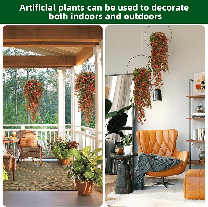 RECUTMS 2Pcs Fake Fall Plastic Outdoor Flowers Artificial Fall Hanging Plants Faux Greenery Vine Plant for Indoor Room Front Door Garden Porch Patio Wedding Party Decorations (Autumn Red)