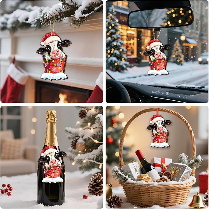 34HD Cow Christmas Ornament 2025 – Wooden Hanging Xmas Tree Ornament Decoration, Cute Christmas Keepsake Gift and Home Decor for Cow Lovers and Farm Fans, Dairy Cow in Bucket