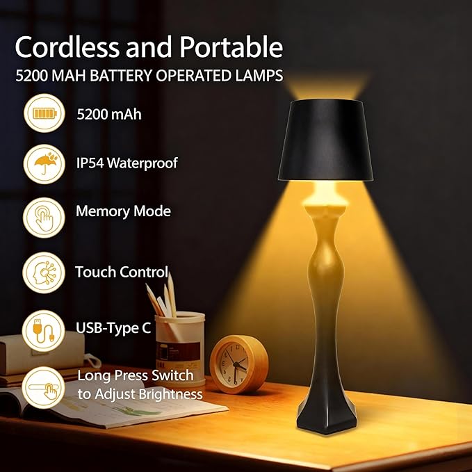 Cordless Table Lamp, Rechargeable Touch Lamp with 5200mAh Battery, 3 Color & Stepless Dimming, IP54 Waterproof Portable Night Light for Bedroom, Camping, Emergency, Ideal Gift for Women, Mom, Birthday