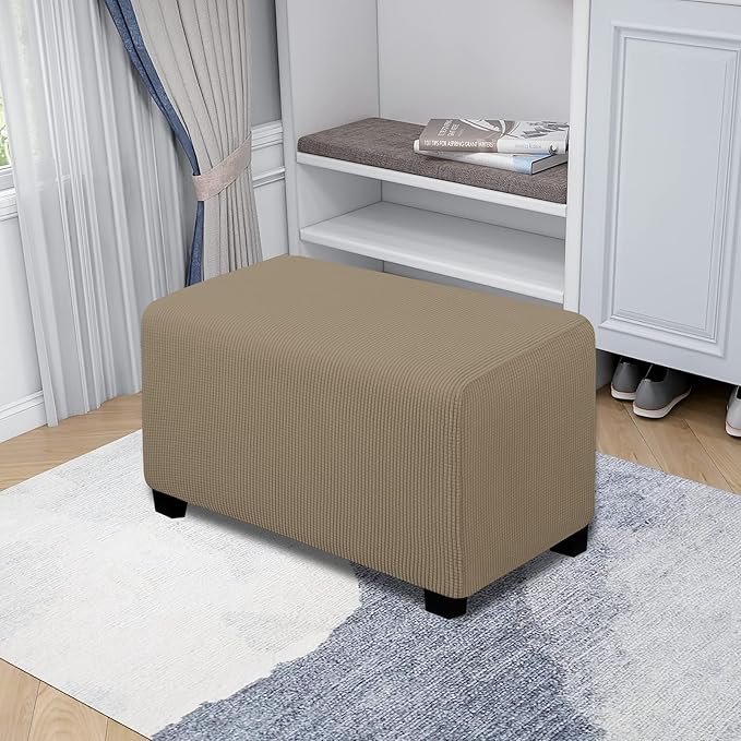 Easy-Going Stretch Ottoman Cover Folding Storage Stool Furniture Protector Soft Rectangle slipcover with Elastic Bottom(Ottoman Small,Natural)