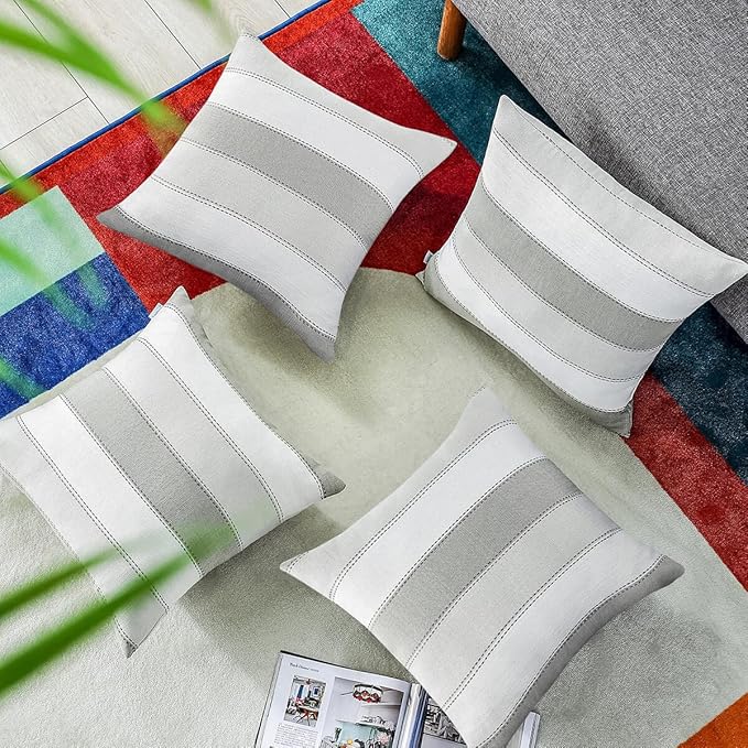AmHoo Pack of 2 Farmhouse Stripe Check Throw Pillow Covers Set Case Cotton Linen Decorative Pillowcases Cushion Cover for Couch Bench Sofa 24x24Inch Light Grey Beige