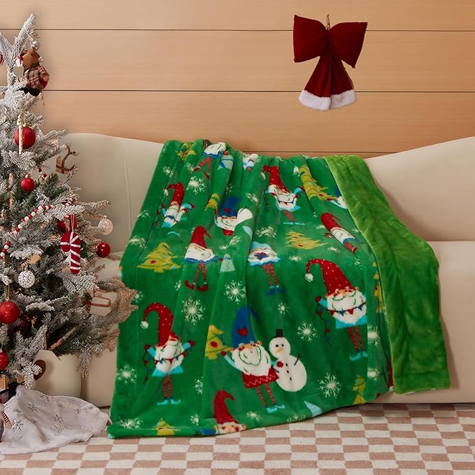 COOVA Christmas Faux Rabbit Fur & Flannel Throw Blanket 50x60 Inch - Festive Luxury Soft & Cozy, Perfect for Holiday Decor, Bed, Sofa, Couch, Father Christmas Pattern,Green
