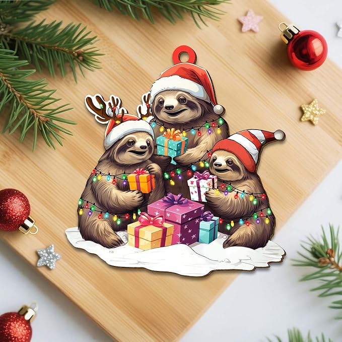2-Sided Printed Sloth Family Wooden Christmas Ornament, Keepsake for Women, Men & Friends, Cute Sloth Christmas Tree Decoration