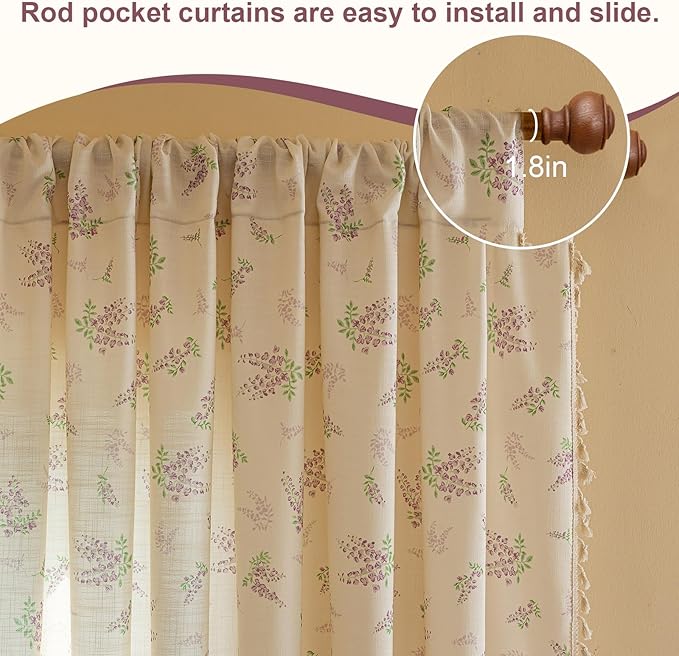 OYX Purple Boho Floral Curtains 84 Inch Length 2 Panels for Living Room, Bedroom Light Filtering Drapes, Farmhouse Country French Rustic Tassels Patterned Rod Pocket Aesthetic Decor Window Treatments