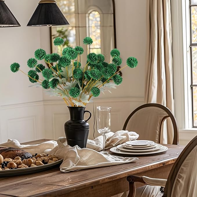 Hananona 12 Pcs Artificial Chrysanthemum Flowers, Green Kiku Pom Pom Mums Flower Faux Floral Arrangements Centerpiece for St Patrict Day Home Kitchen Decor (12, Blackish Green)