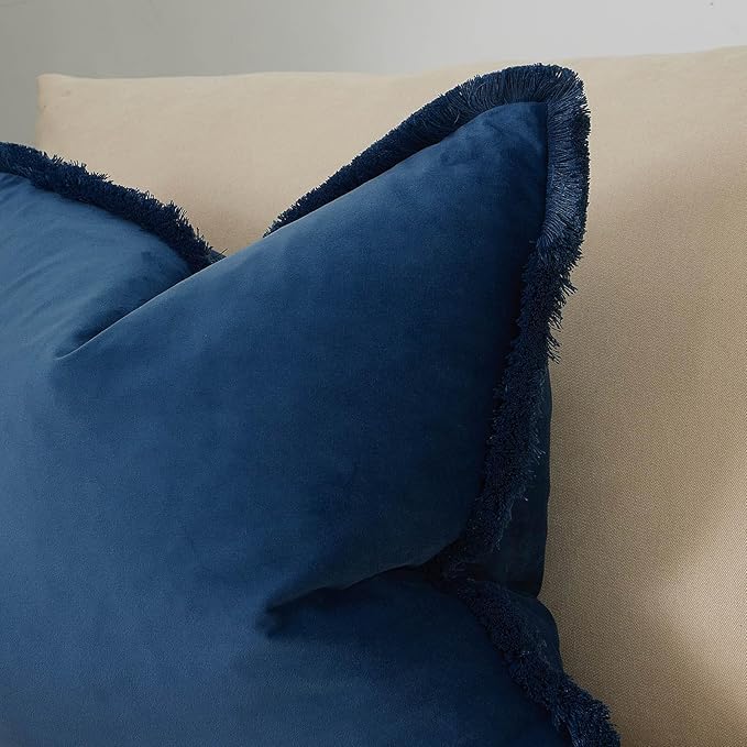 JUSPURBET Pack of 2 Navy Decorative Fringe Velvet Throw Pillow Covers 16x16 for Home Decor Living Room Bedroom Car Boho Soft Cushion Cover with Hidden Zipper Machine Washable