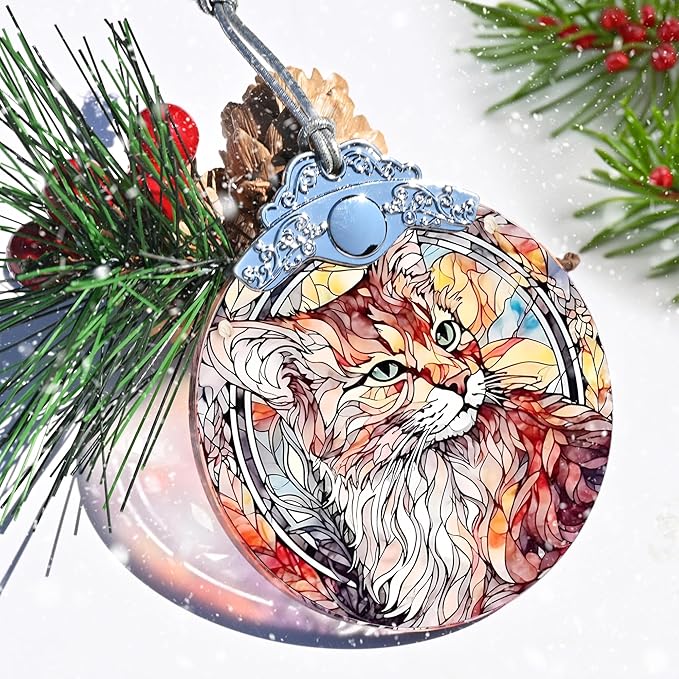 Stained Glass Christmas Ornament, Jocidea Cat Christmas Decorations, Christmas Tree Ornament, Cat Lovers Gifts, Holiday Decor and Xmas Gifts Ideas