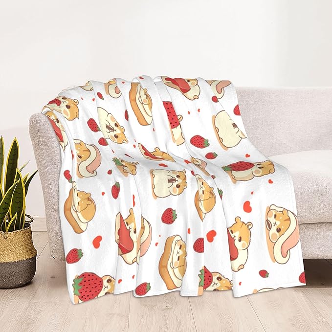 Hamster Strawberry Throw Blanket Soft Plush Fleece Blankets Warm Cozy Lightweight Fuzzy Blanket for Bed Sofa Couch Home Decor 60"X50"