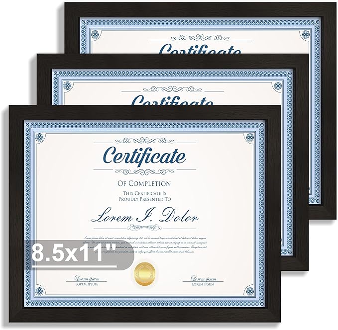 8.5x11 Diploma Frame with Tempered Glass, Multi Certificate 8.5 by 11 Photo Frame Bulk for Wall or Tabletop Display(Black, 3 Pack)