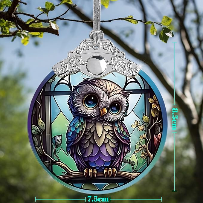 Owl Christmas Ornaments - Stained Glass Holiday Decorations, Tree Ornaments, Xmas Gifts for Owl Lovers