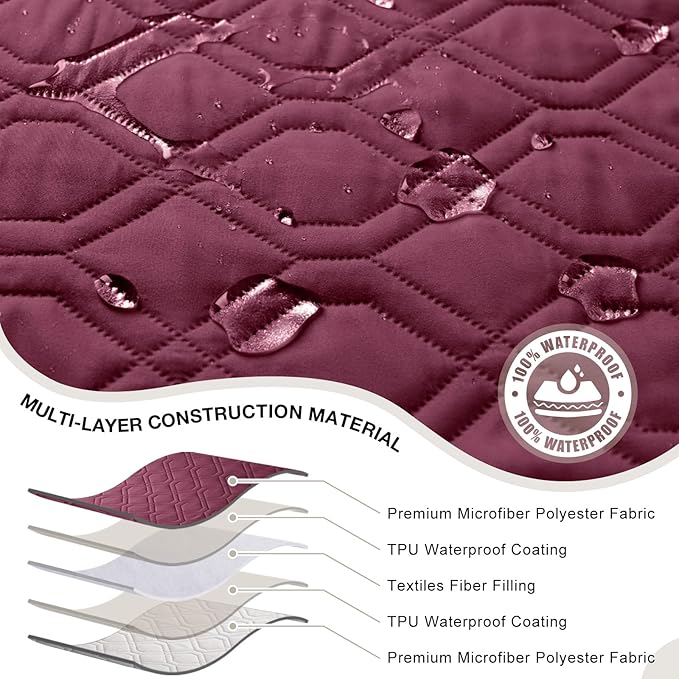 VANSOFY Recliner Chair Covers 100% Waterproof Seat Cover with Arm Reclining Cover Non-Slip Recliner Chair Covers Furniture Protector Washable Slipcover with Pocket for Pets, Dogs(Burgundy, 25")