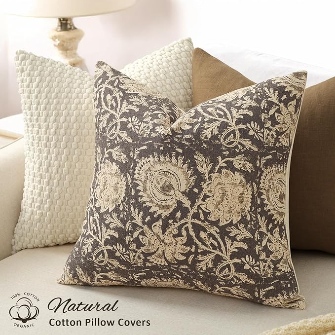 Vintage Floral Print Throw Pillow Covers 20x20 Set of 2 Neutral Modern Farmhouse Pillowcases Accent Decorative Cushion Covers Boho Home Decor for Couch Sofa Chair Bed Living Room, Rustic Gray