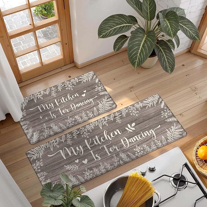 Kitchen Rug Mats for Floor Cushioned Anti Fatigue Gray Kitchen Rugs Sets of 2 Rustic Farmhouse Non Slip Waterproof Comfort Memory Foam Standing Floor Mat for Office Laundry Sink Desk