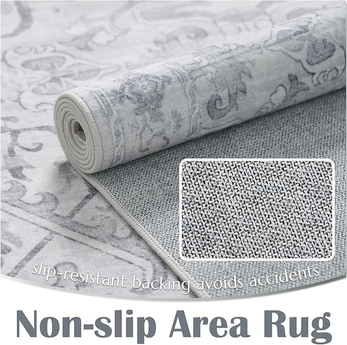 jinchan Hallway Runner Rug 2x8 Machine Washable - Vintage Floral Non-Slip Low-Pile Soft Ultra-Thin Faux Wool Kitchen Rug Distressed Carpet Runner for Farmhouse Bedroom Laundry Room (2x8ft, Grey)