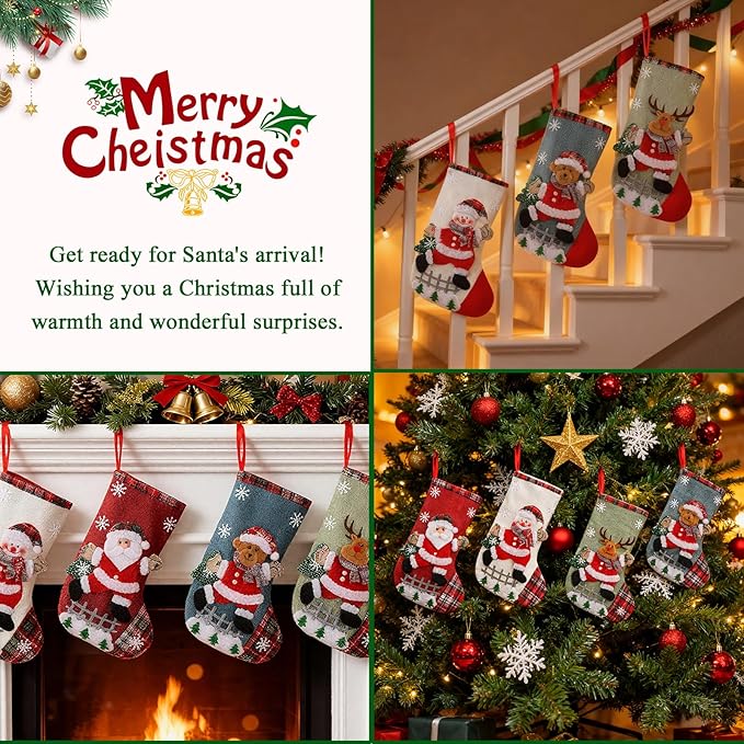 Christmas Stockings Personalized 4 Pack - Customized Small Xmas Stockings Bulk with Reindeer, Santa Claus, Snowman, Bear for Christmas Home Decorations, Set of 4
