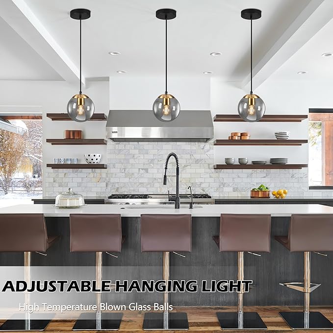 KoKo&Yukina 6 Inch Globe Pendant Light Gold Globe Pendant Lights Kitchen Island Mid Century Light Fixture with Grey Glass Shade for Dining Room