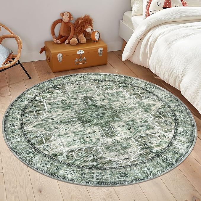 5' Round Washable Rug for Entryway, Green Soft Printed Area Rug, Non-Slip Kitchen Rugs, Low-Pile Medallion Indoor Door Mat, Small Farmhouse Carpet for Entrance Kitchen Foyer Bedside