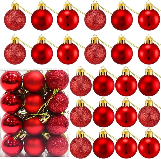 24 Count Small Red Christmas Ornaments Balls, Mini Red Ornaments for Christmas Tree, Plastic Shatterproof Valentine Tree Decorative Hanging Bulbs Ball for Xmas Outdoor Party Decorations, 1.6 inch
