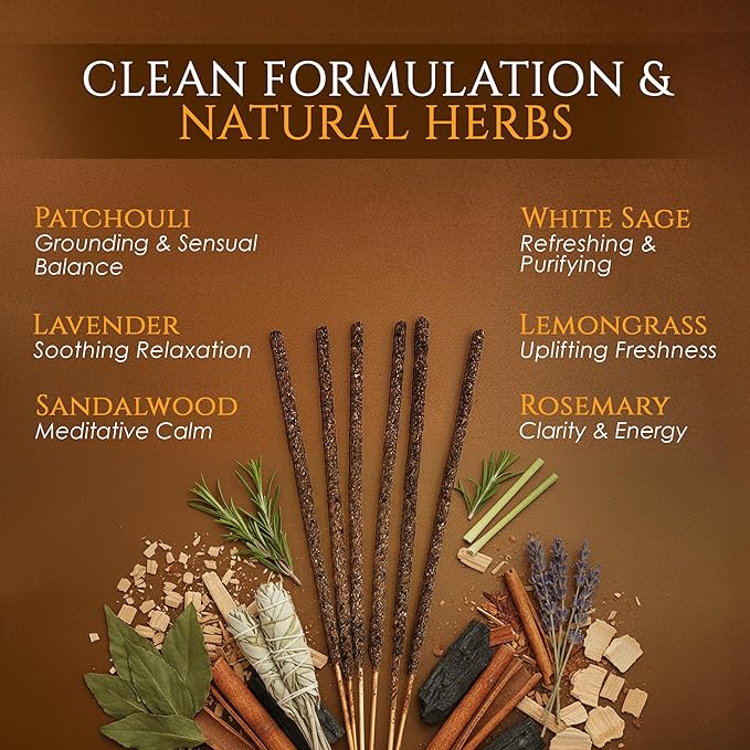 Himalayan Masala Smudge Incense | Patchouli, White Sage, Rosemary, Lemongrass, Sandalwood, Lavender | 60 Sticks + 6 Dhoop | Handcrafted for Meditation, Puja & Cleansing